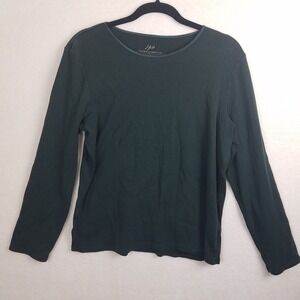 J Jill Long Women's L Sleeve Compassion‎ Tee shirt Dark Green satin trim